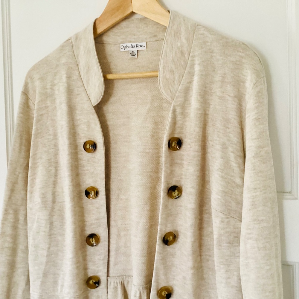Ophelia Roe women's XL open peplum blazer jacket Oatmeal Lightweight Knit Cotton - Picture 3 of 11